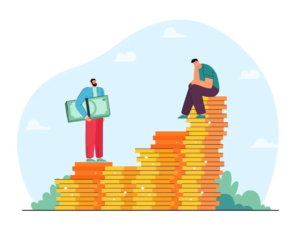 Businessman sitting on stack of gold coins and man with cash